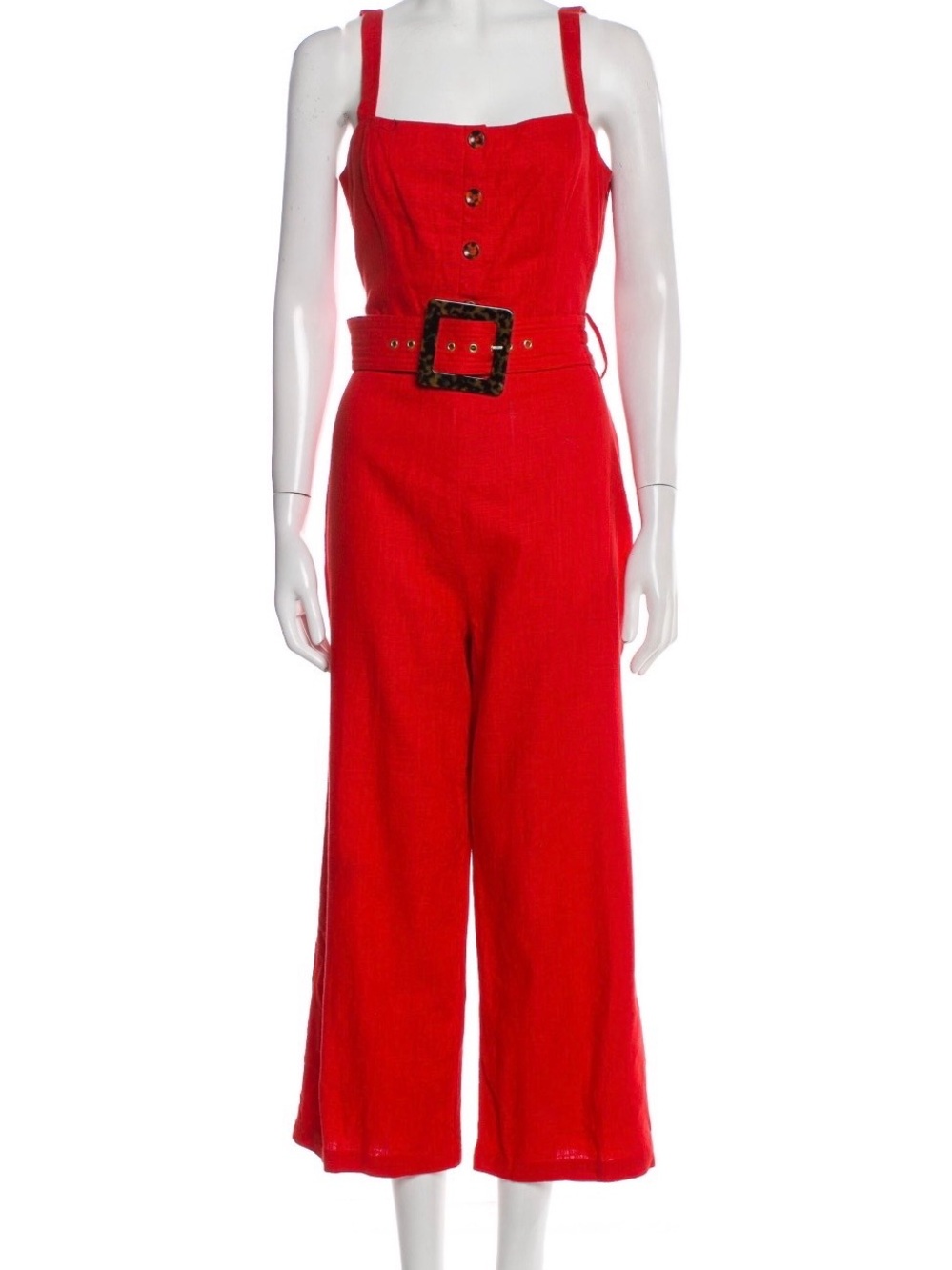 STAUD Red Button-Front Wide-Leg Jumpsuit with Statement Belt